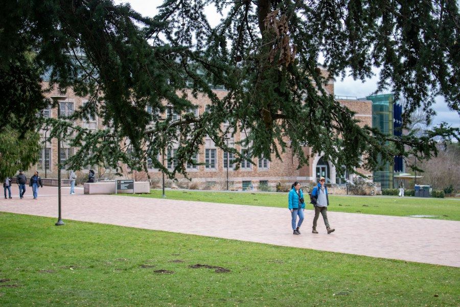 Estudiantes caminando por un campus universitario